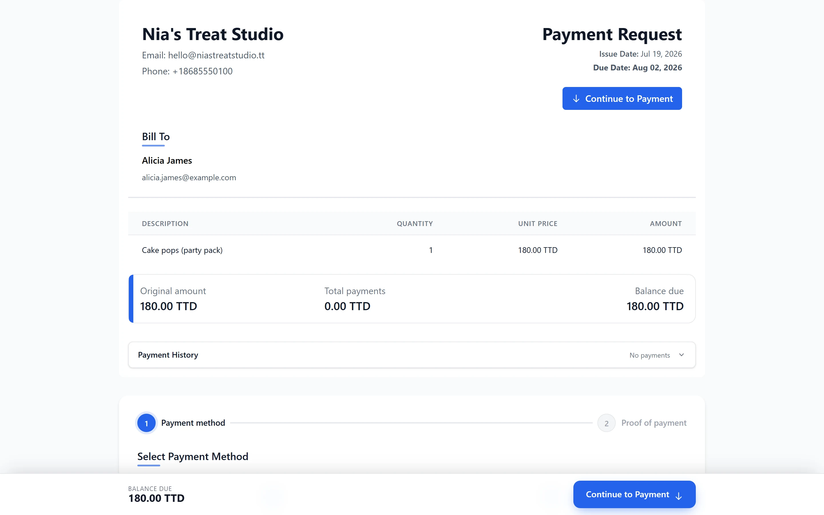 The customer payment page for a bank transfer: business, amount due, what it is for and where to upload the receipt