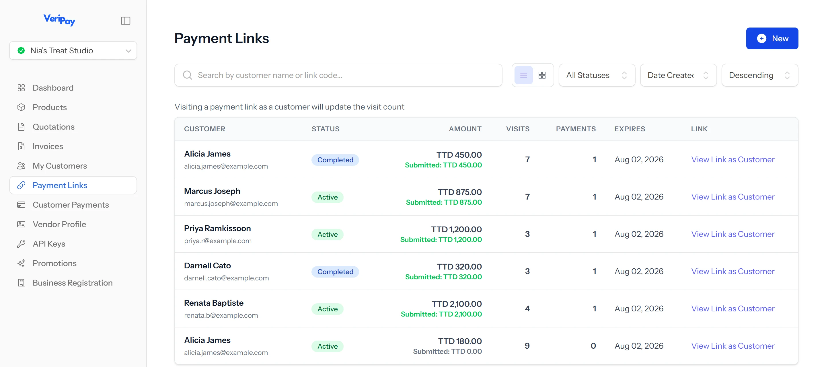 VeriPay payment links list showing each customer, the amount, the status and what they submitted