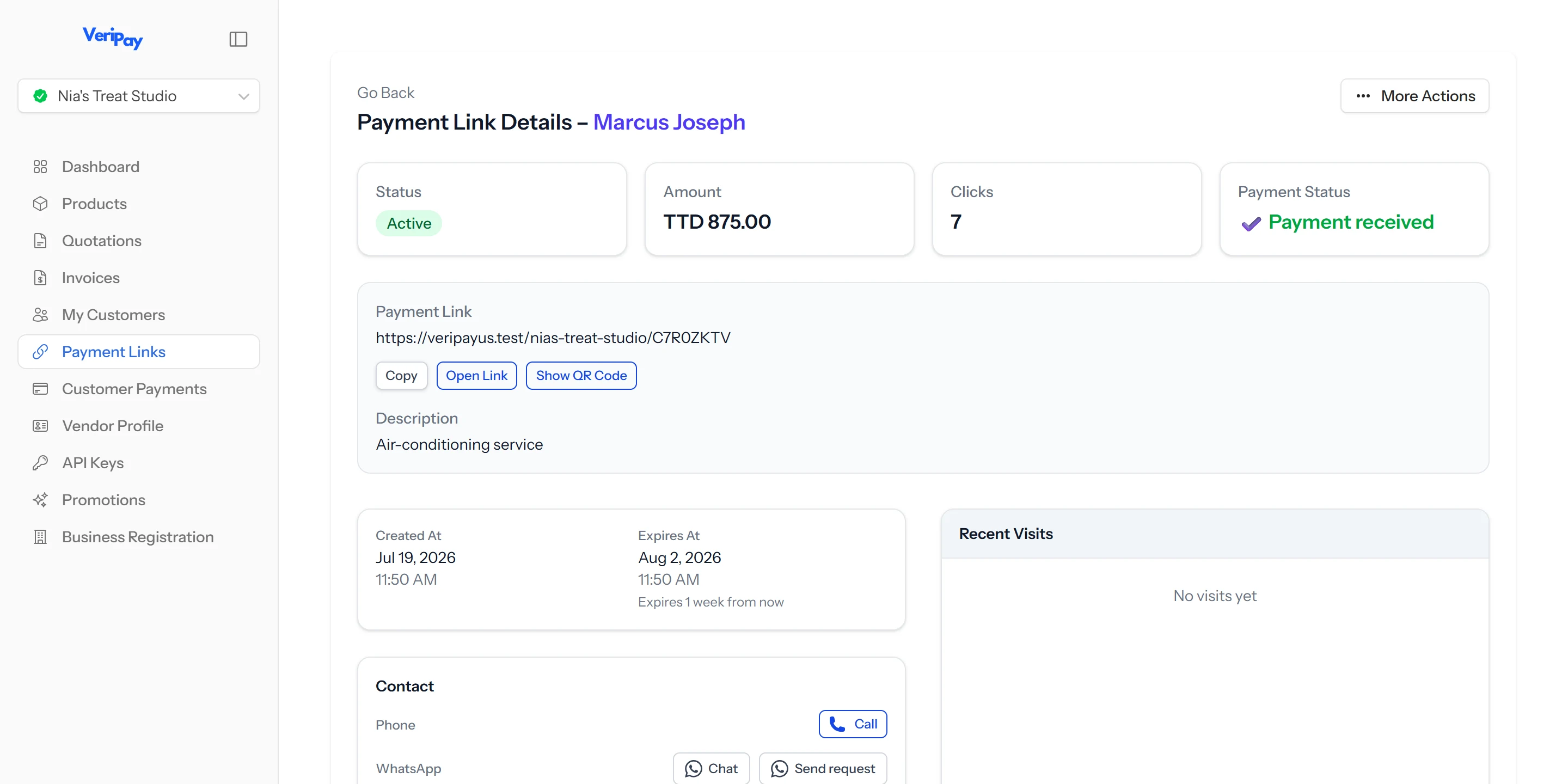 A VeriPay payment request showing the customer, amount, status, shareable link and payment received in one place