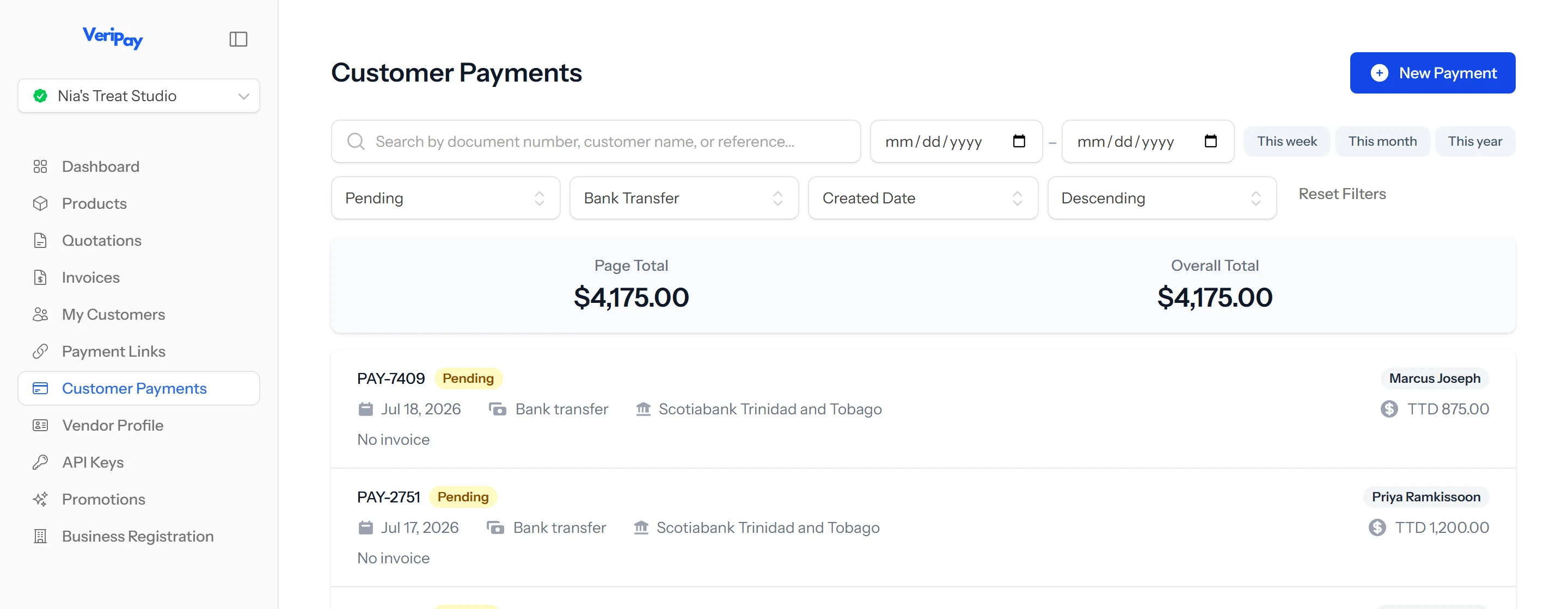 VeriPay customer payments list with pending payments, their amounts and the bank each was sent from